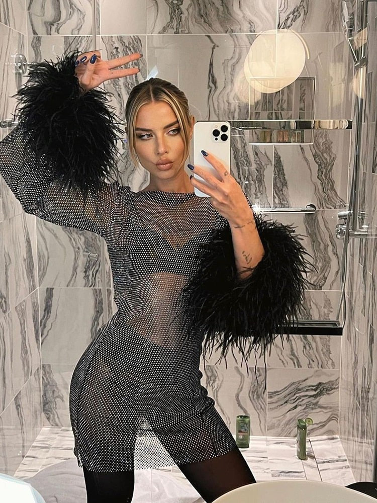 Briony Metallic Feather Mini Dress