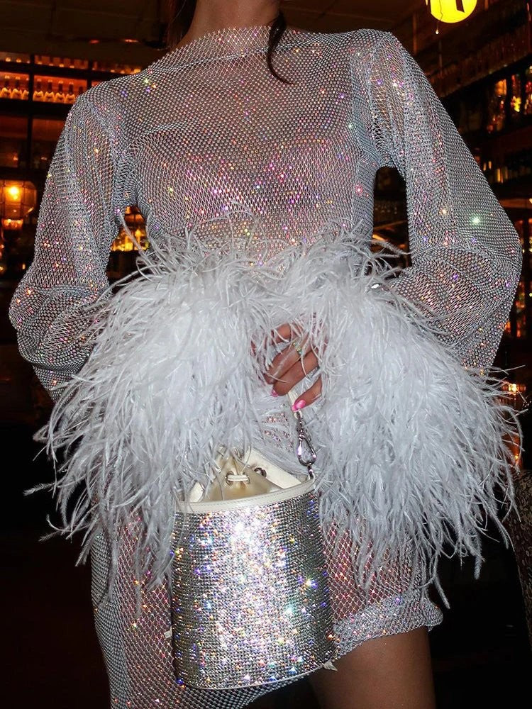 Briony Metallic Feather Mini Dress